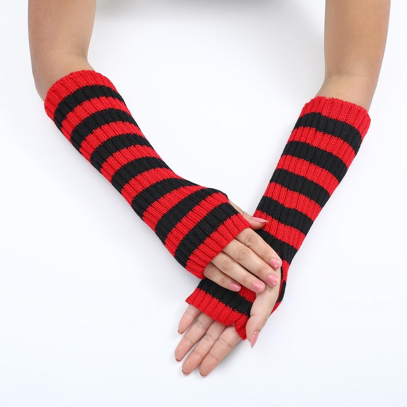 Sumleno Y2k Striped Arm Warmers Long Fingerless Knitted Gloves Punk Gothic Alt Emo Scene Cool Winter Arm Sleeves Grunge Accessories - Image 4